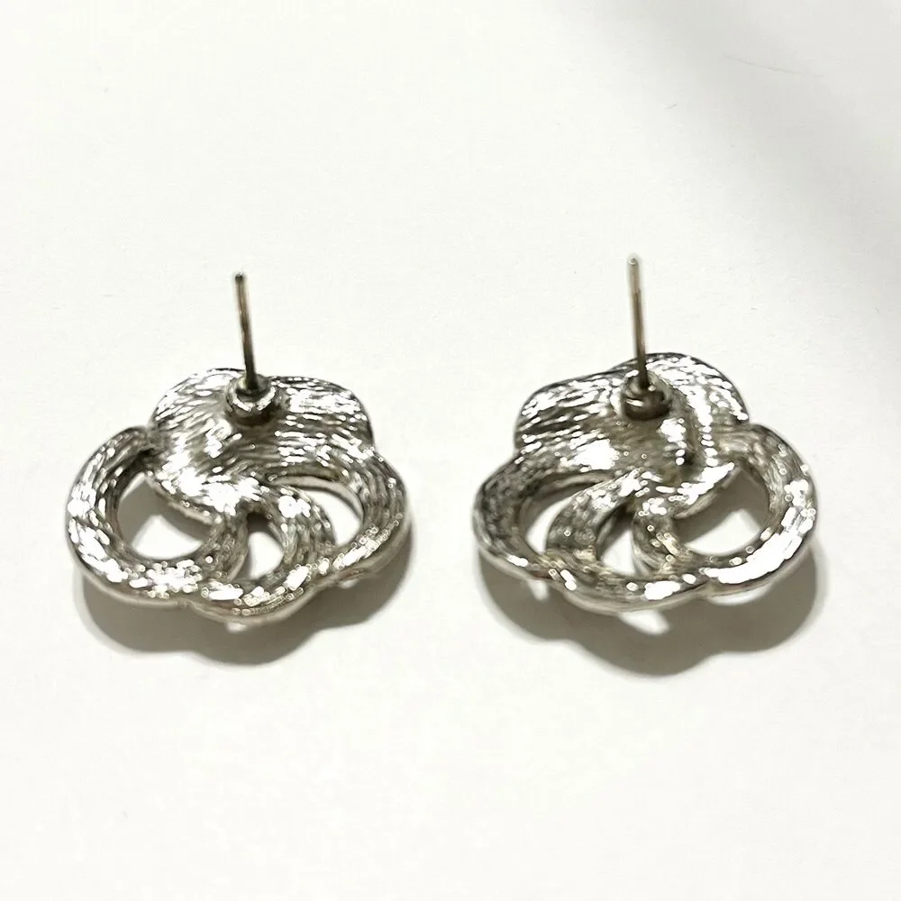Silver Tone Knot Circle Earrings Stud Marcasite Textured Openwork Abstract Chic